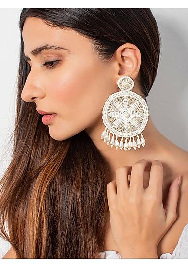 White Seed Beaded Floral Drop Earring