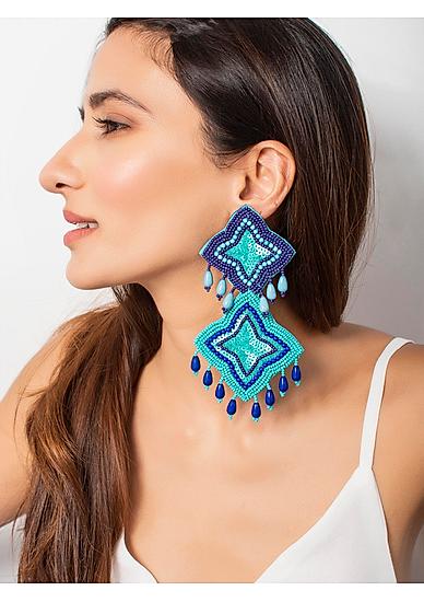 Turquoise Blue Seed Beaded Star Drop Earring