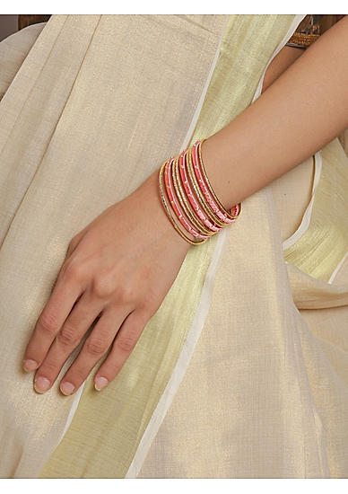 Set Of 9 Pink Thread Gold Plated Bangles