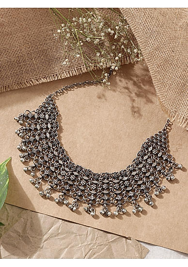 Ghungroo Silver Plated Oxidised Floral Choker Necklace