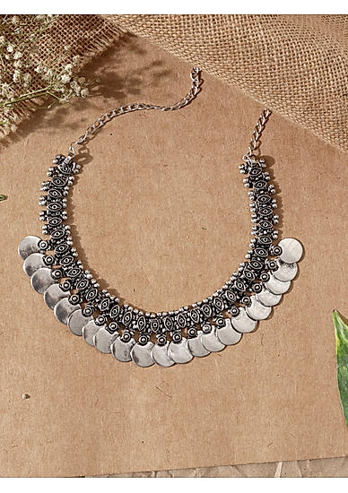 Silver Plated Oxidised Coin Necklace 
