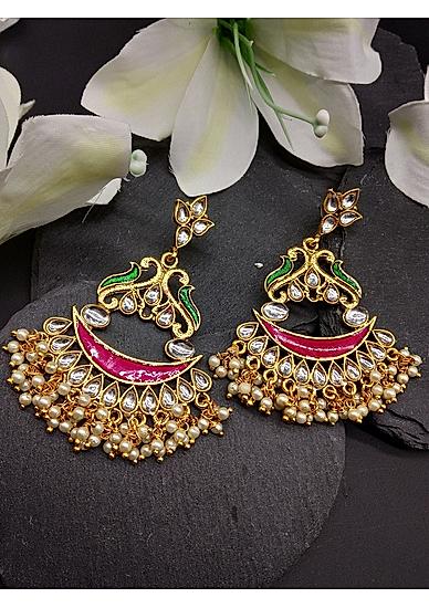 Kundan Beads Pink Green Enamelled Gold Plated Chandbali Earring