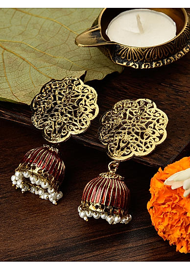 Red Gold Plated Enamelled Jhumka Earring