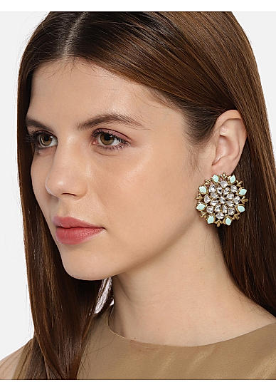 Women Turquoise Blue and Silver-Toned Floral Oversized Studs