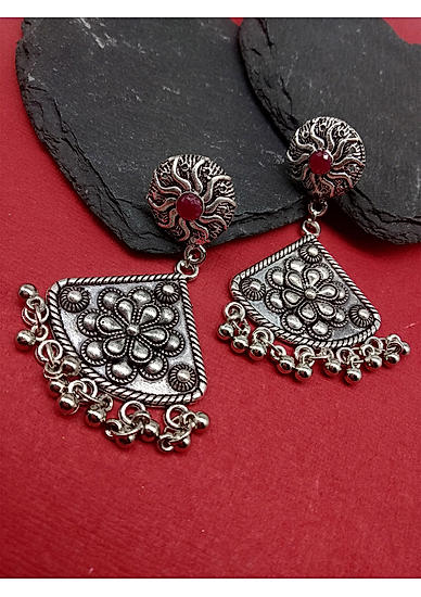 Ghungroo Silver Plated Oxidised Floral Drop Earring