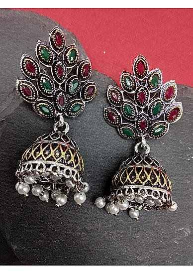 Ruby Emrald Dual Toned Peacock Jhumka Earring