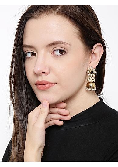 Gold-Toned Off-White Beaded Jhumka Earrings