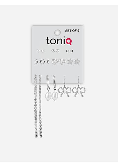 Toniq Silver Pearl Set Of 9 stud & hoop  Earring for Women 