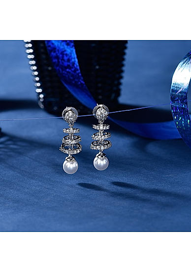 Amavi Silver AD & Pearl Embellsihed Drop Earrings For Women