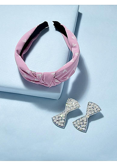 Set of Pink Heart Printed Hair Band & 2 Pearl Bow Alligator Clip