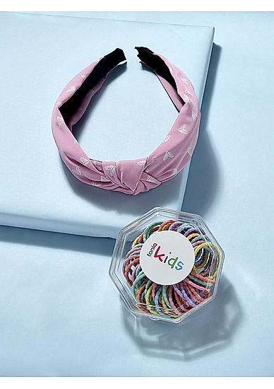 Set of 48 Rainbow Rubber Band and Pink Heart Printed Hair Band 