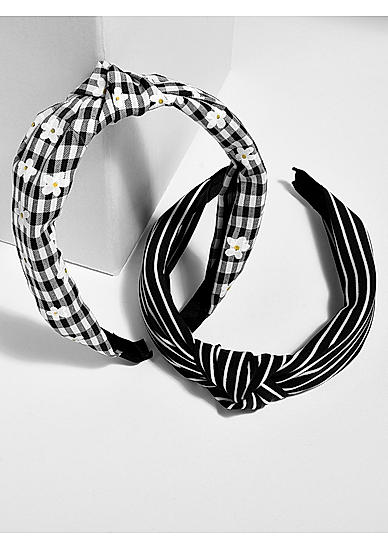 Set of 2 Black & White Striped Checked Floral Hair Band