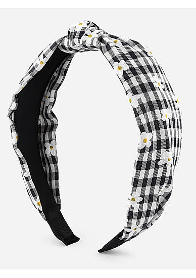 Black White Checked Daisy Top Knot Hair Band