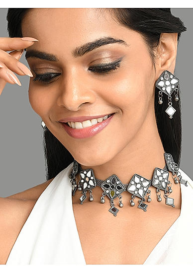 Fida Women Black & Silver-Toned Oxidised Kundan Mirror Jewellery Set for women