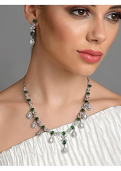 Fida Silver-Plated Green Stone Studded Jewellery Set for women