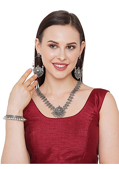 Ghungroo Silver Plated Oxidised Necklace, Earring Set & Bangle