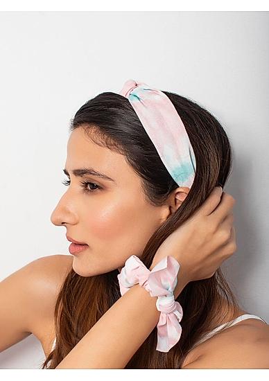 Set of 2 Pastel Blue and Pink Dye Top Knot Hair Band &  Scrunchie 