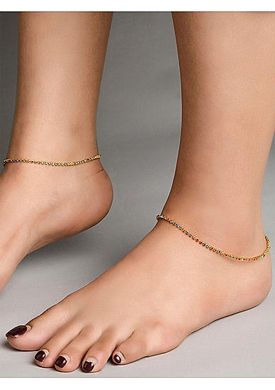Set of 2 Multicolor Stones Studded Gold Plated Anklets