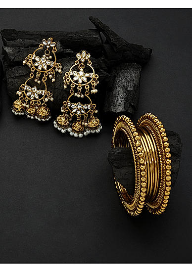 Set of Gold Plated Bangles & Kundan Floral Jhumka Earring 