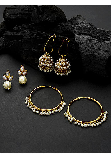 Set of 3 White Pearls Beads Gold Plated Earring 