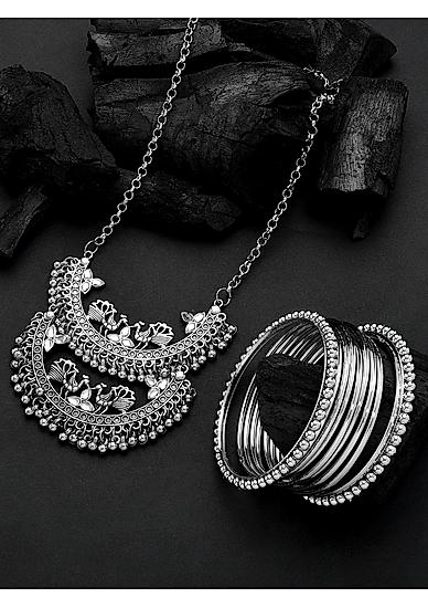 Set of Silver Plated Oxidised Statement Necklace & Bangles 