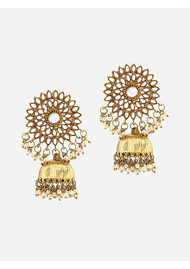 Off White Beads Kundan Gold Plated Floral Jhumka Earring