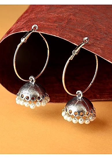 Fida Ethnic Traditional hooped silver jhumka earrings with white pearl drops