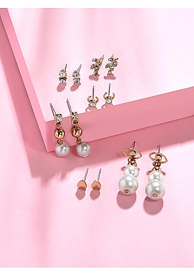 Set of 5 Stone and Pearl Gold-Plated Drop and Stud Earrings