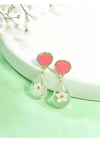 Pink White Gold Plated Resin Floral Tear Drop Earring