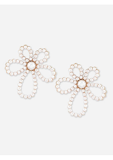 White Beads Gold Plated Floral Stud Earring