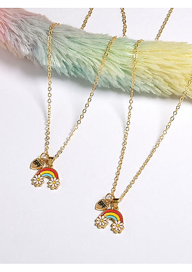 Set Of 2 Gold Plated Rainbow Floral Kids Pendant Charm Necklace