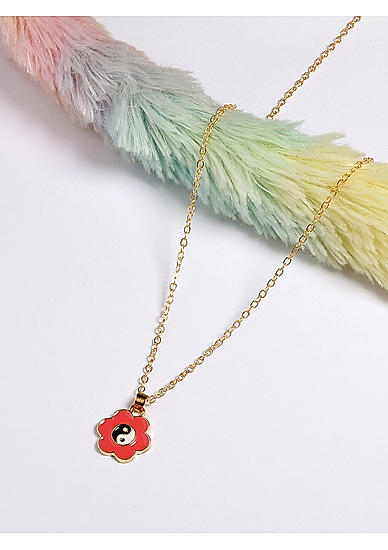 Red Enamelled Gold Plated Floral Kids Pendant Charm Necklace