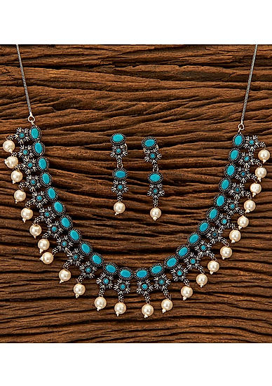 Blue Stones Pearls Silver Plated  Oxidised Jewellery Set