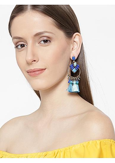 Blue and Antique Gold-Toned Tasselled Drop Earrings-ONESIZE-Blue