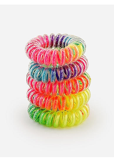 Set Of 5 Neon Multicolor Rainbow Wired Spiral Kids Rubber Band