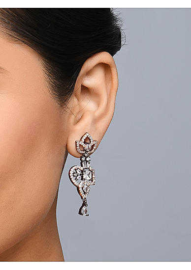 Fida Luxurious Rose Gold Plated American Diamond Stones Floral Drop Earrings For Women
