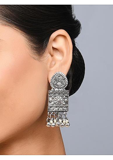 Fida Ethnic Silver Plated Oxidised Geometric Drop Earring For Women