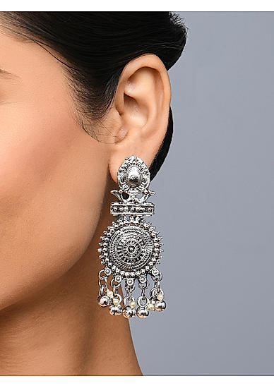 Fida Ethnic Silver Plated Oxidised Circular Drop Earring For Women
