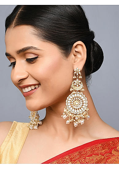 Fida Ethnic Gold Plated Pearl Kundan Studded Floral Chand Drop Earring For Women