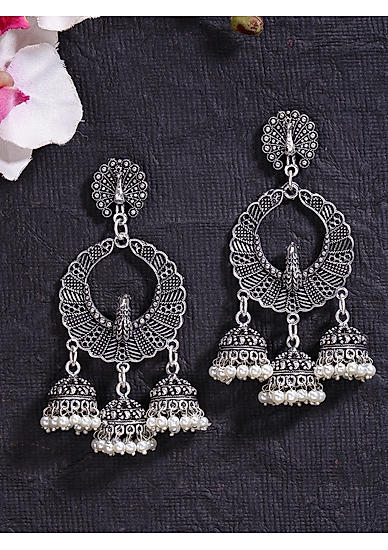White Pearl Silver Plated Oxidised Peacock Jhumka Earring