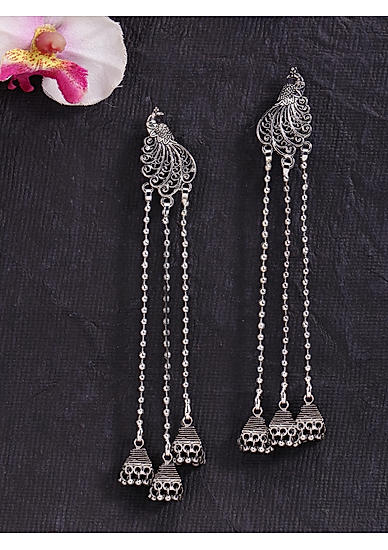 Silver Plated Oxidised Peacock Chained Jhumka Earring