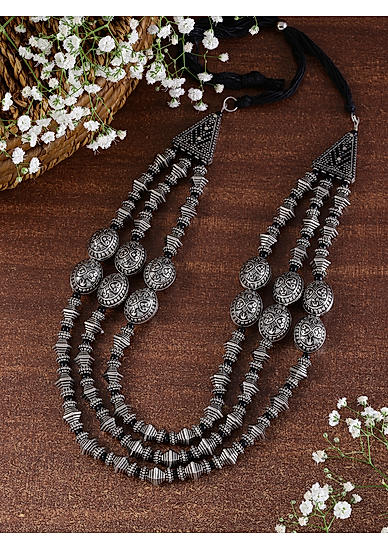 Women Silver-Toned Tribal Beaded Oxidised Layered Necklace