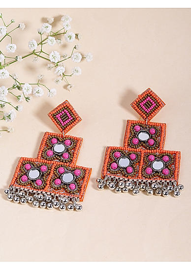 Ethnic Indian Traditional Silverand Orange Drop Earrings for women