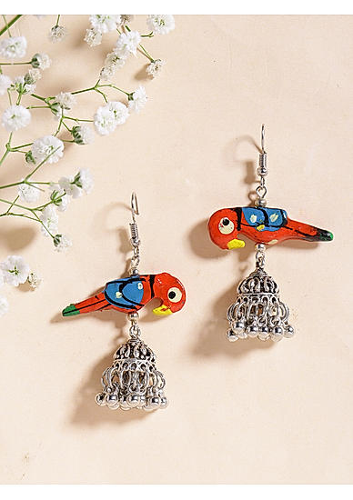 Ghungroo Silver Plated Parrot Jhumka Earring