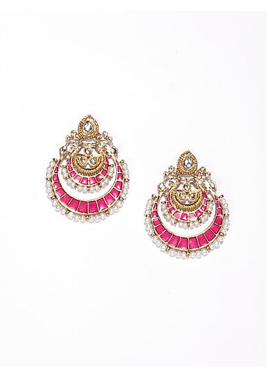 Gold-Toned Pink Handcrafted Crescent-Shaped Drop Earrings