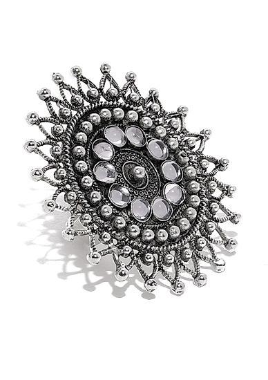 Women Oxidised Silver-Toned Floral Finger Ring