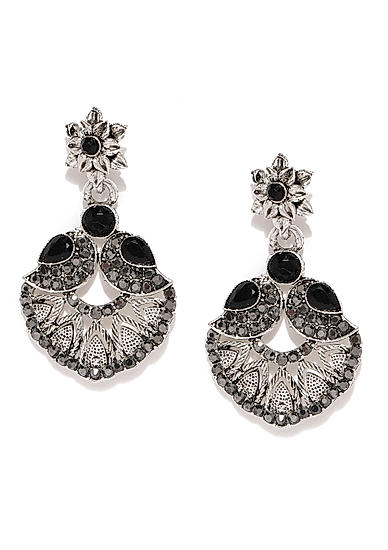 Silver-Toned Black Floral Drop Earrings