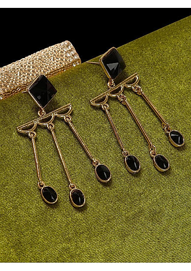 Black Gold-Toned Geometric Drop Earrings