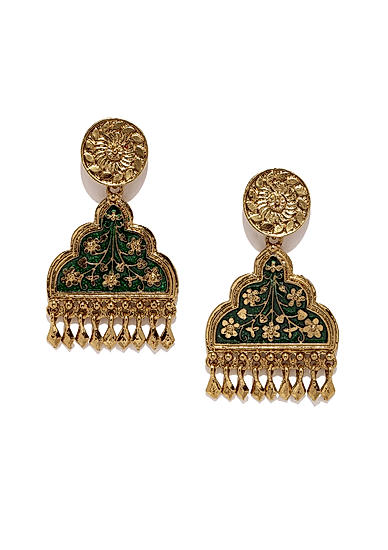 Gold-Toned Green Handcrafted Drop Earrings