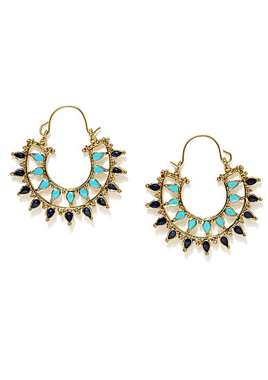 Gold-Toned Blue Crescent-Shaped Handcrafted Hoop Earrings